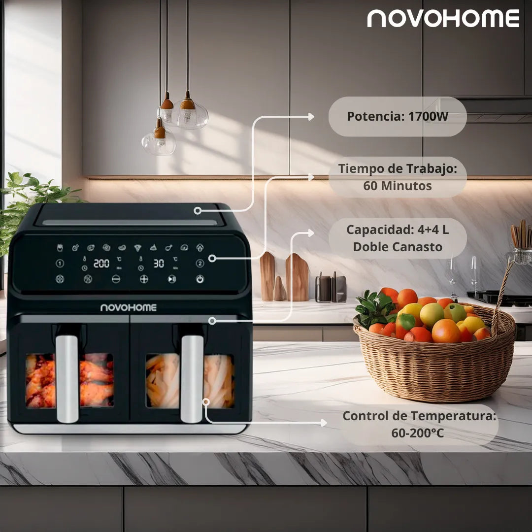 (Promoción de cumpleaños 🔥) Freidora de Aire Novohome Digital 8Lts Doble Canastos 4+4 1700W NH-AF DUAL 100W
