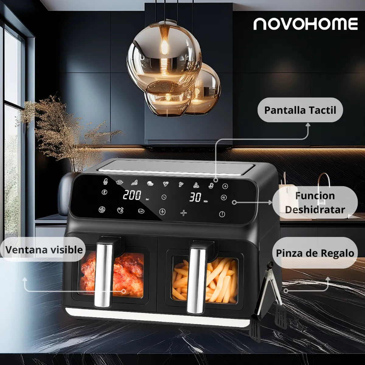 (Promoción de cumpleaños 🔥) Freidora de Aire Novohome Digital 8Lts Doble Canastos 4+4 1700W NH-AF DUAL 100W