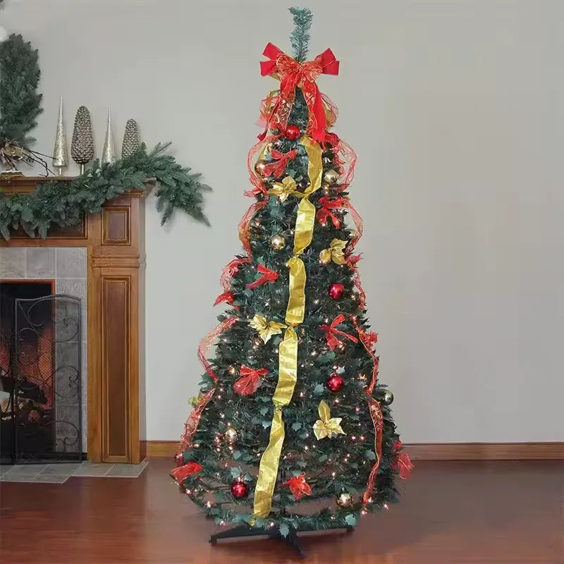 Árbol de Natal dobrável dobrável, fácil instalação, puxe para cima com decorações, luzes quentes instalada rapidamente