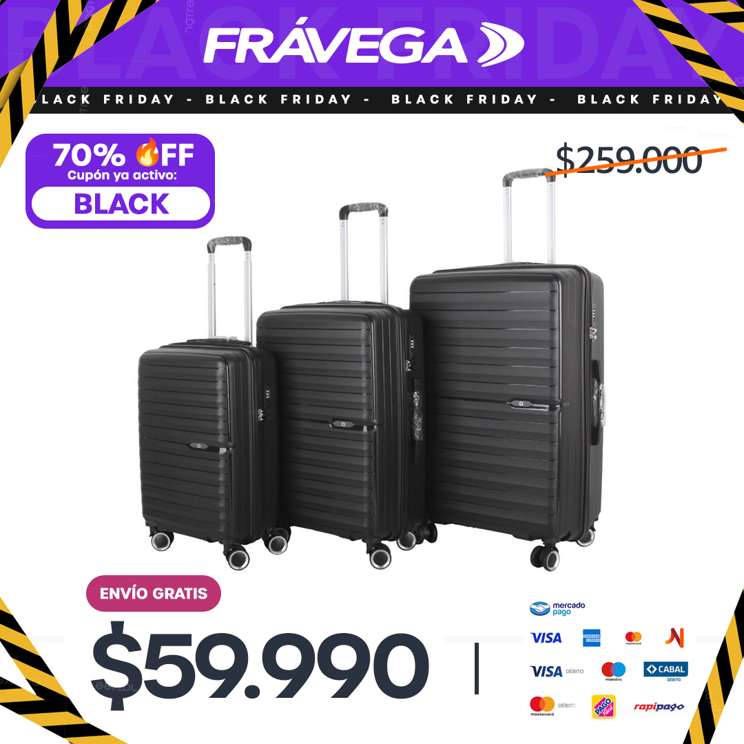 Kit 3 Valijas de Viaje Frávega Home PP13 – 20”, 24” y 28” – Color Negro