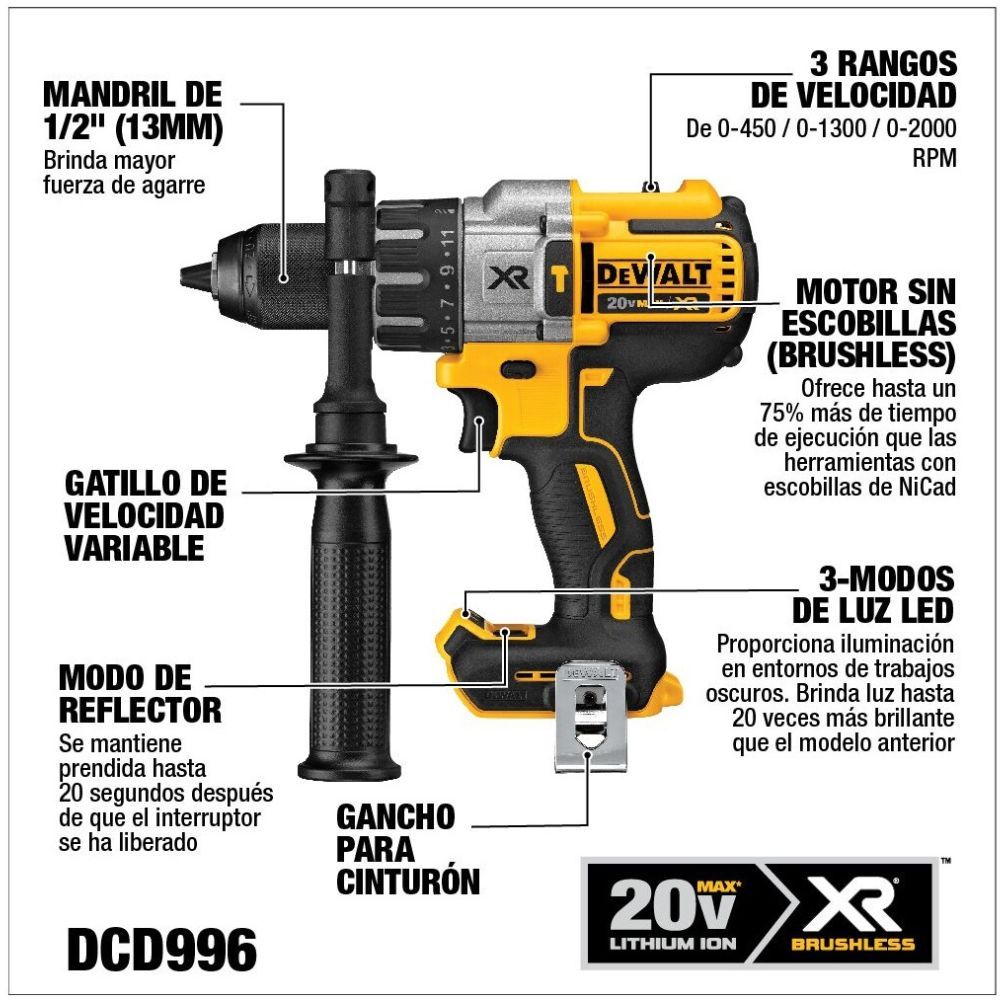 Taladro Dewalt Percutor Inalámbrico 20v Max DCD996P1T-AR