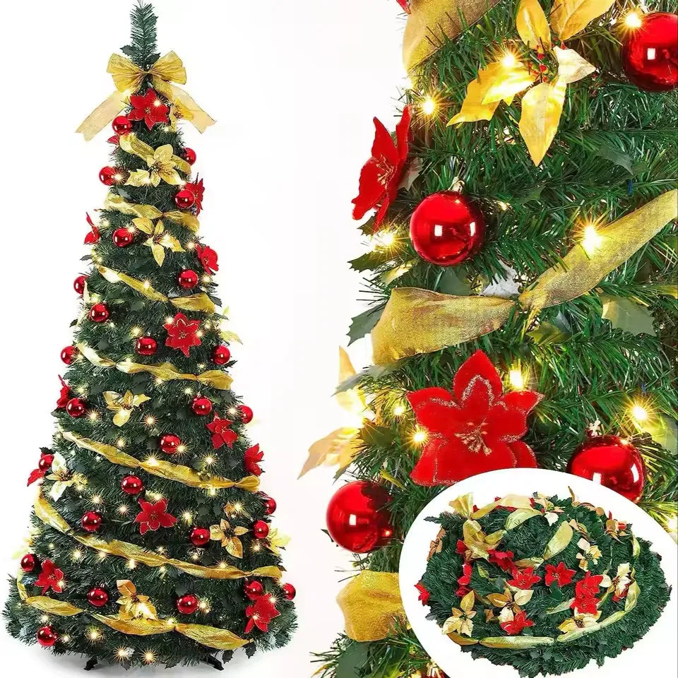 Árbol de Natal dobrável dobrável, fácil instalação, puxe para cima com decorações, luzes quentes instalada rapidamente