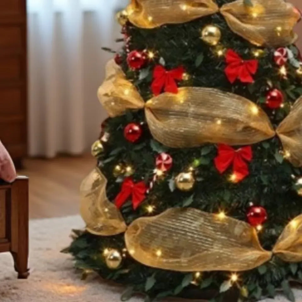 Árbol de Natal dobrável dobrável, fácil instalação, puxe para cima com decorações, luzes quentes instalada rapidamente